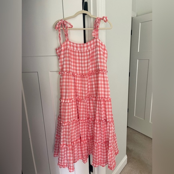 PINK CITY PRINTS Apricot Gingham Acapulco Dress tie shoulder midi tiered - Picture 4 of 6